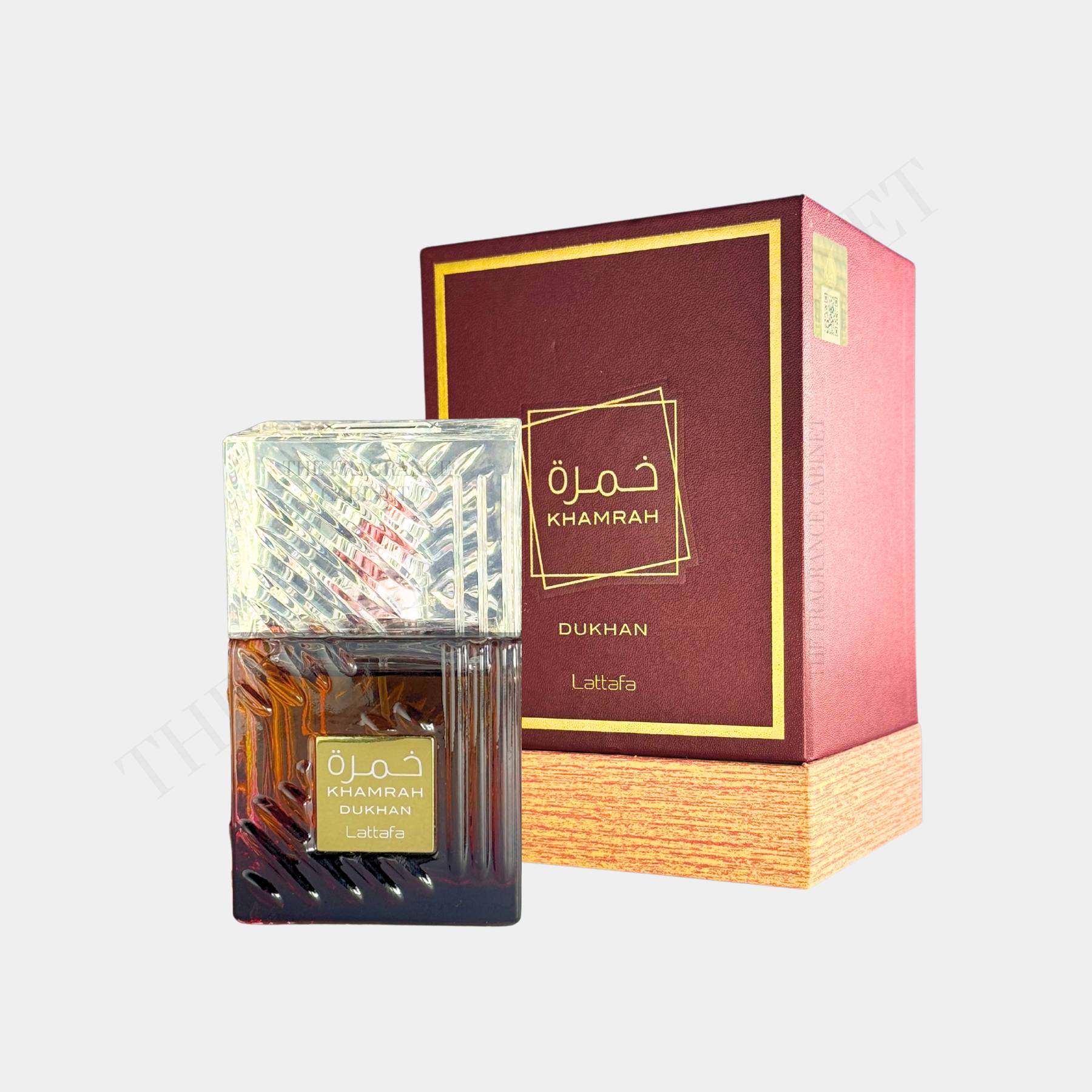 Lattafa Khamrah Dukhan 100ml eau de parfum for men and women front view of bottle and box 