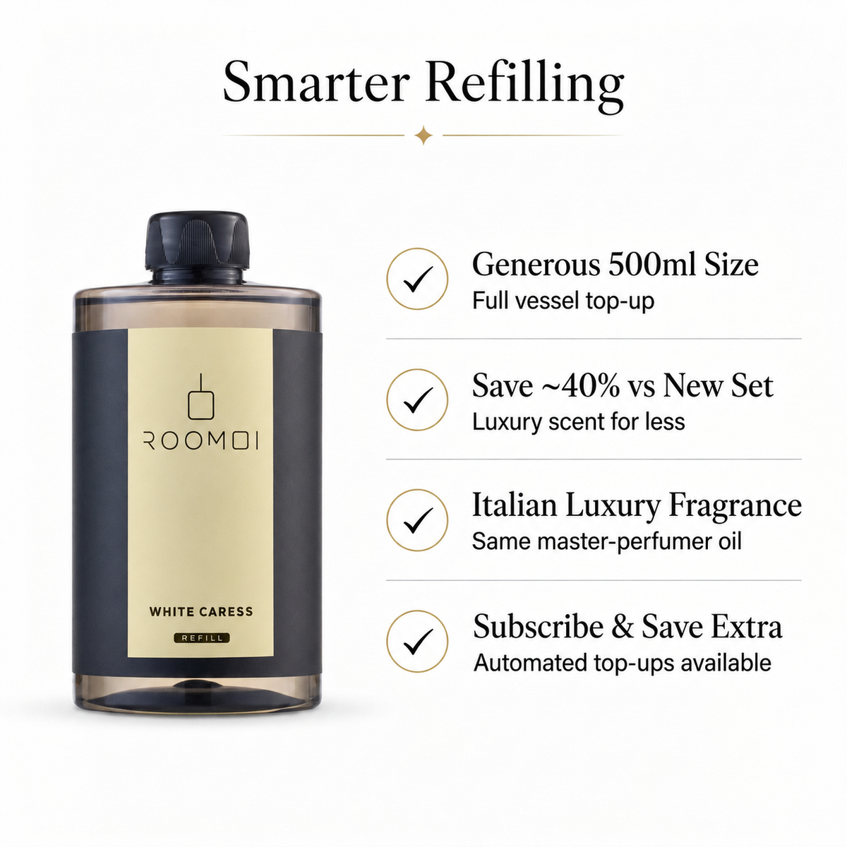 Roomoi White Caress 500ml Reed Diffuser Refill Benefits 