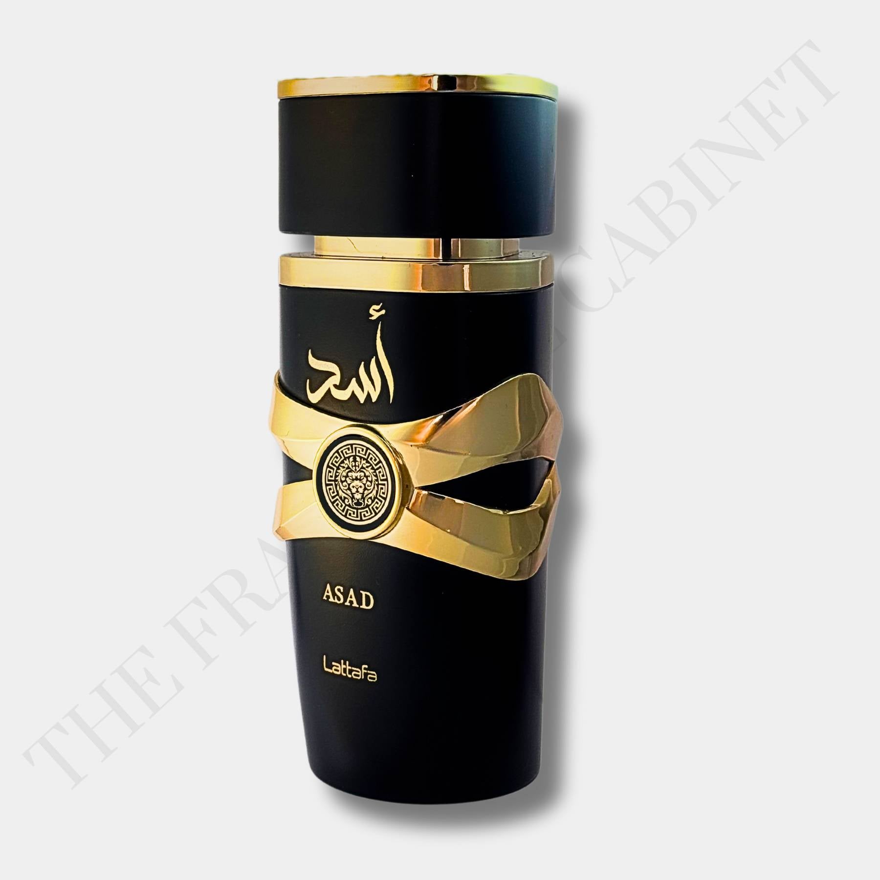 Lattafa Asad 100ml eau de parfum front view of bottle on white background, bottle side on